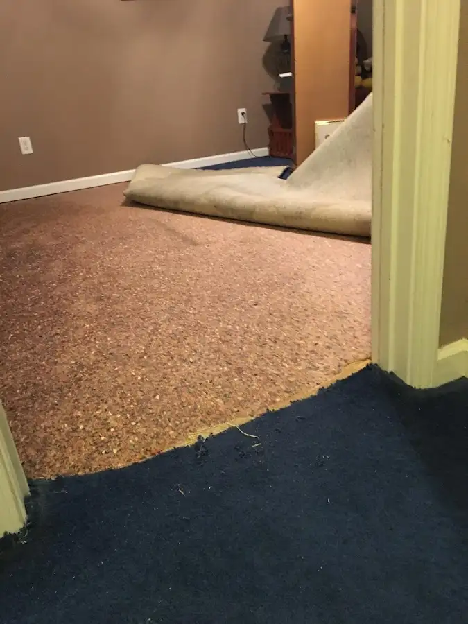 Carpet pad removal revealing water damage during Water Mitigation Services in Port Jervis